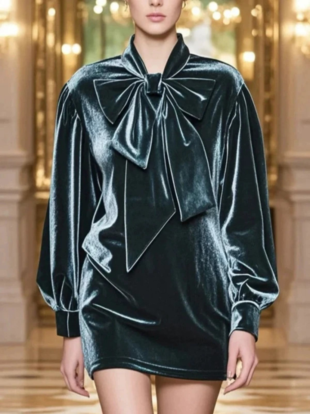 Retro Winter Velvet Dress for Women Loose Lantern Sleeve Bow Solid